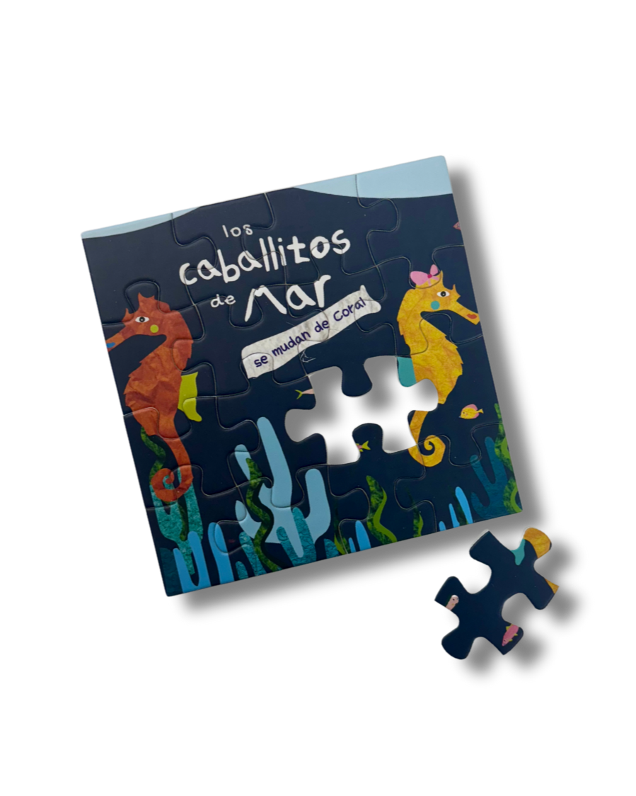 Postal para regalo + rompecabezas - Los caballitos de mar se mudan de coral