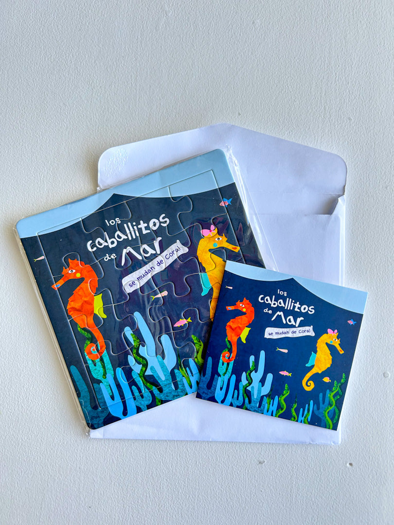 Postal para regalo + rompecabezas pequeño - Los Caballitos de Mar se Mudan de Coral