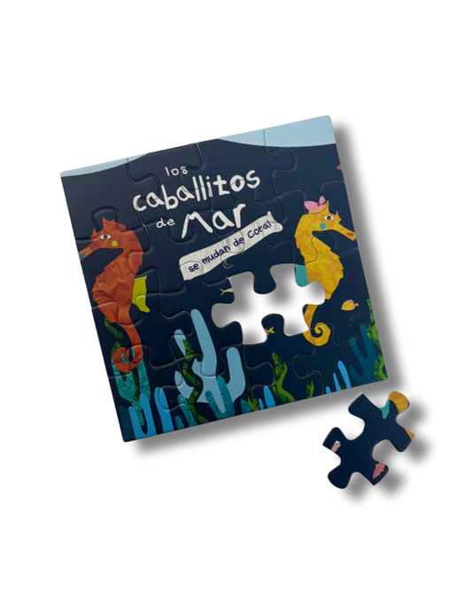 Postal para regalo + rompecabezas - Los caballitos de mar se mudan de coral